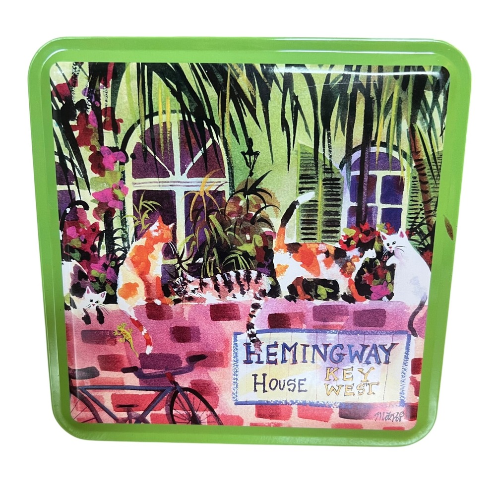 Vintage Kermit's Key West Hemingway House Cats Cookie Tin Martha dePoo Art Green